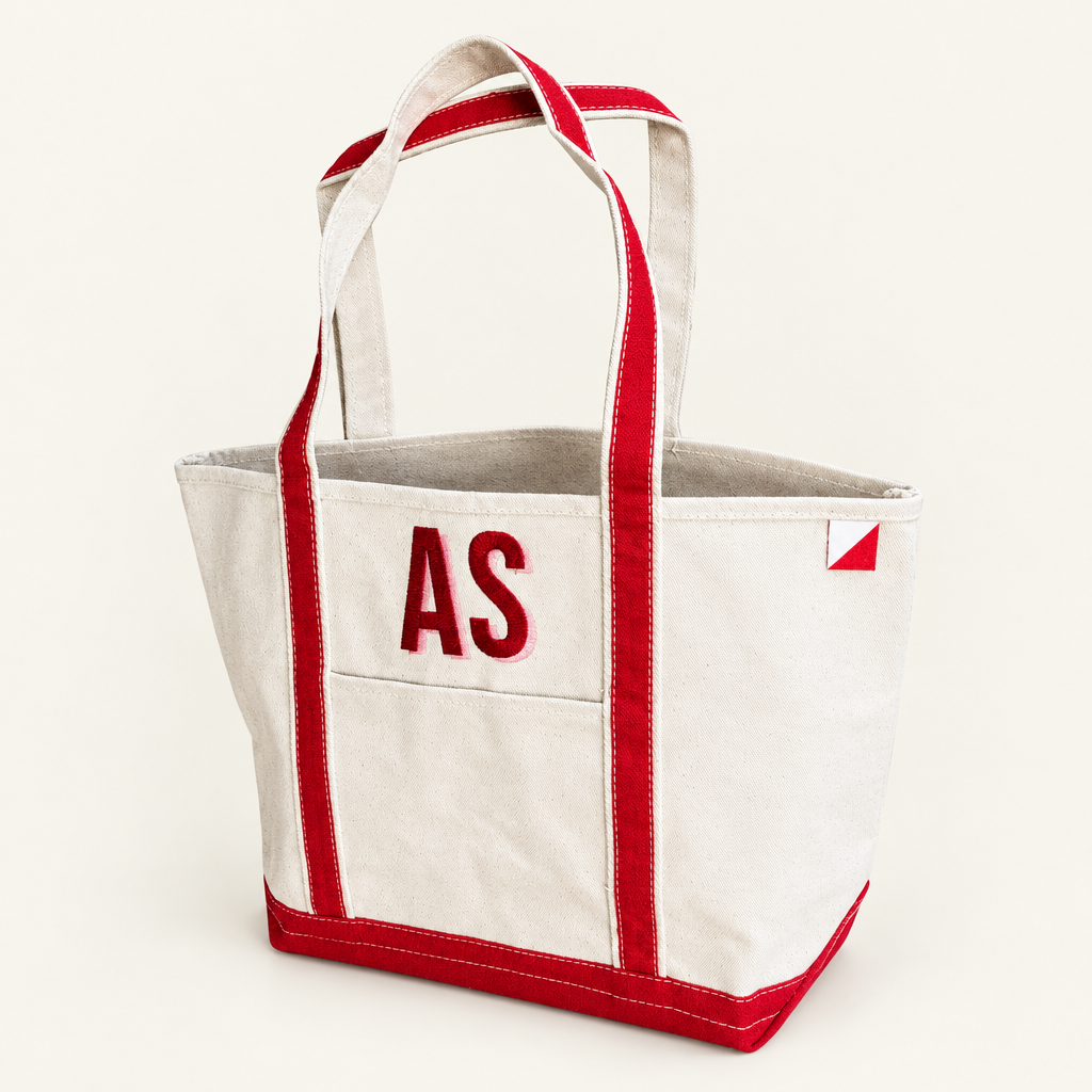 Red tote angled view